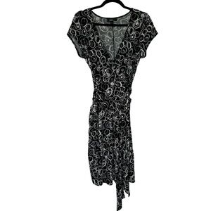 AGB Women’s Midi Dress Plunge V Neck Belted Faux Wrap Stretch Black Geo Print 10